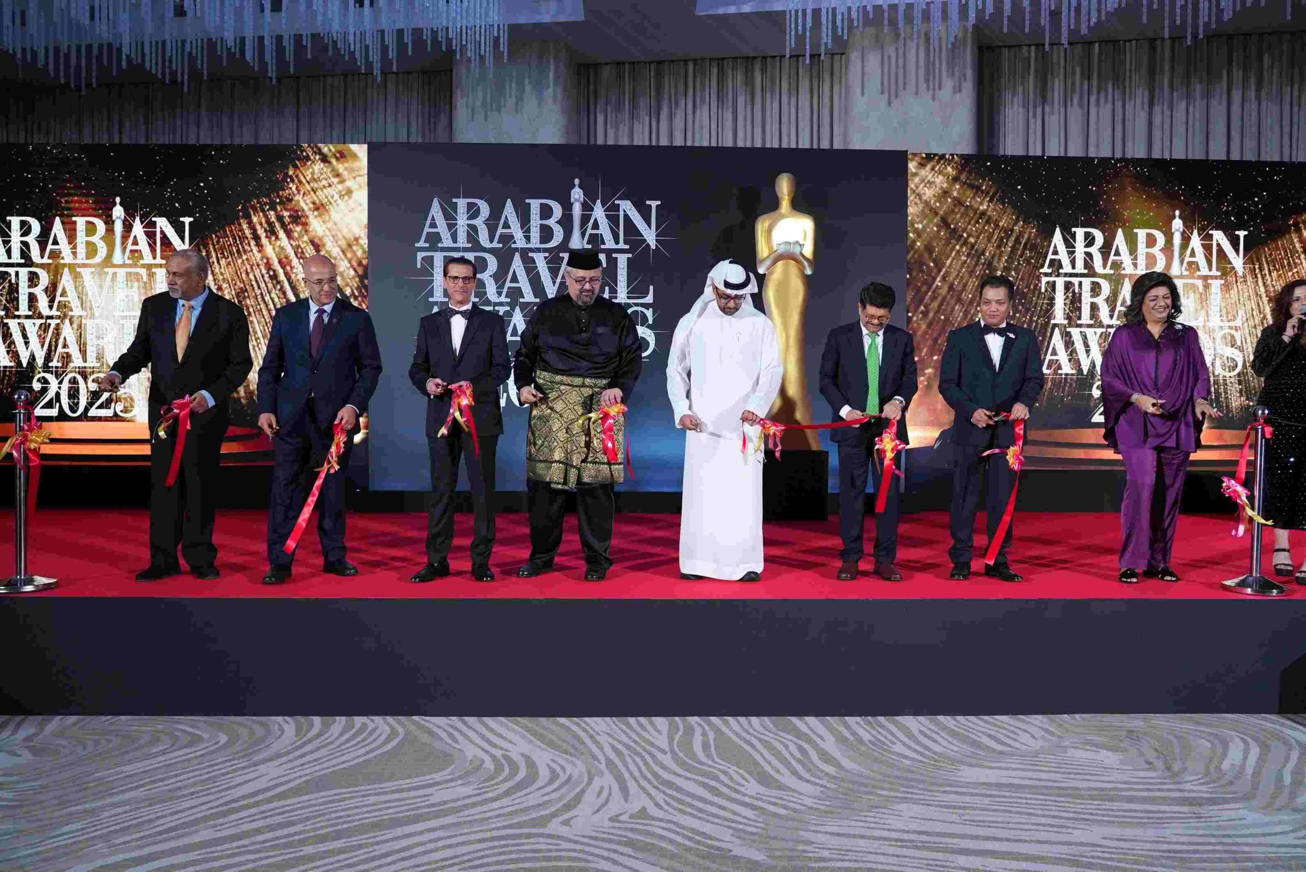 The ceremonial ribbon cutting officially signifies the opening of the Arabian Travel Awards 2023.