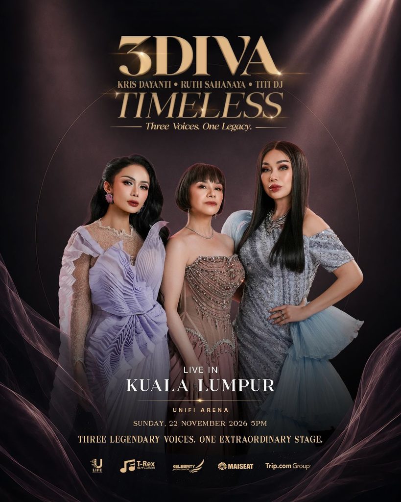 Poster promosi konsert 3DIVA LIVE IN MALAYSIA 2026 TIMELESS memaparkan Kris Dayanti, Ruth Sahanaya dan Titi DJ dalam gaun malam anggun