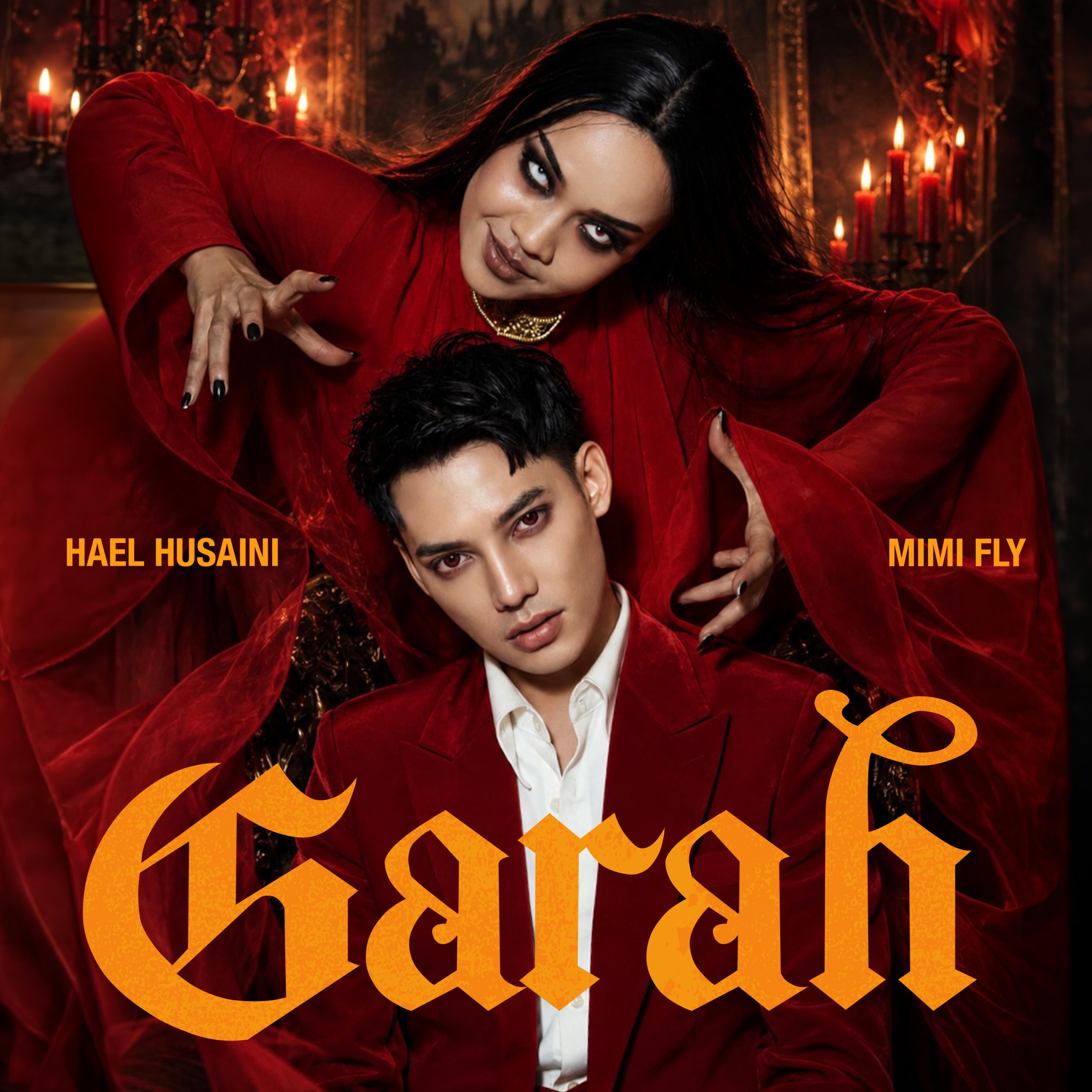 Poster rasmi single Garah menampilkan Hael Husaini berkot merah bersama Mimi Fly berbusana seram berlatar belakang gelap