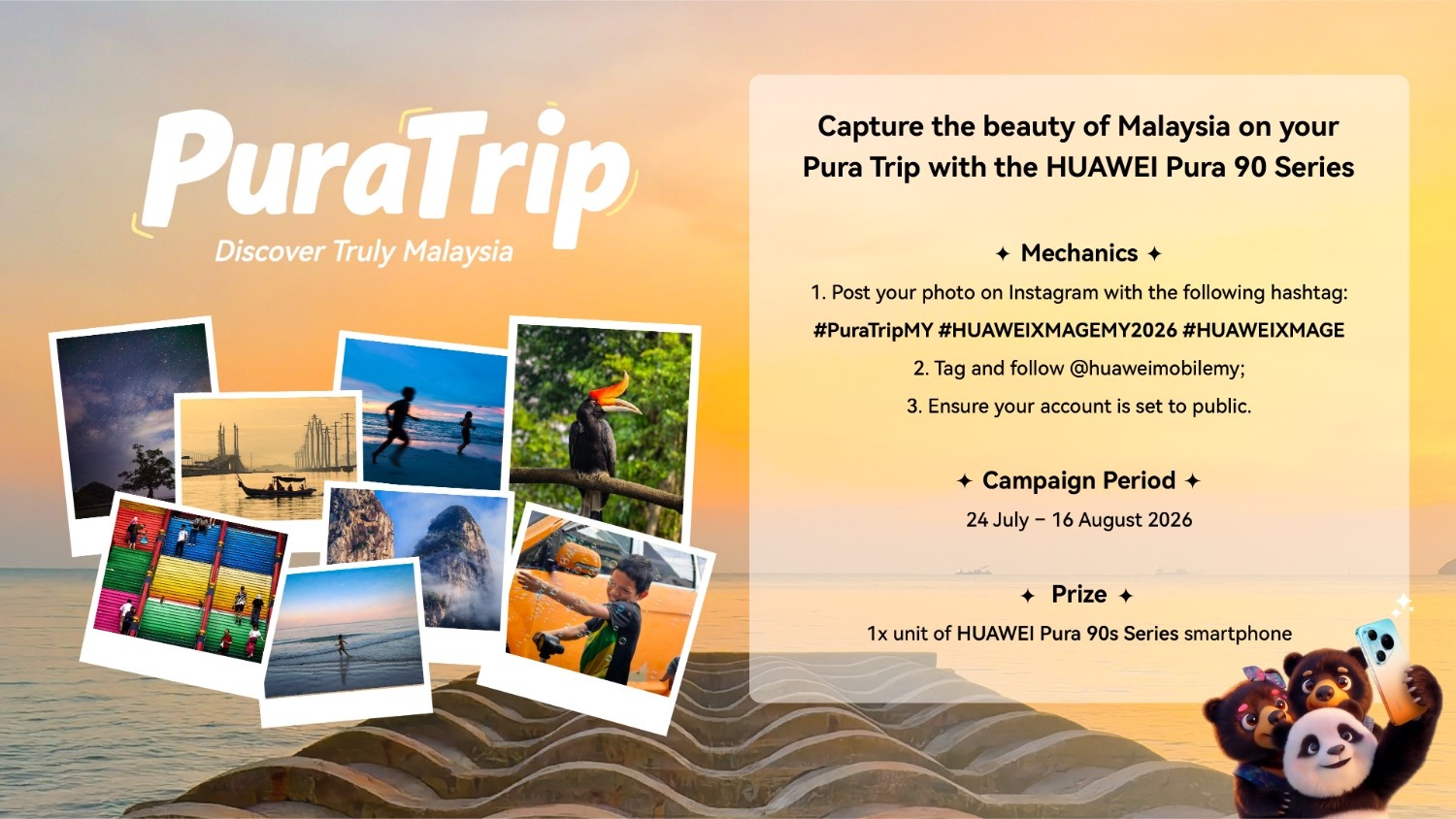 Official promotional poster for HUAWEI Pura Trip Discover Truly Malaysia photography campaign showing photo snapshots and contest details