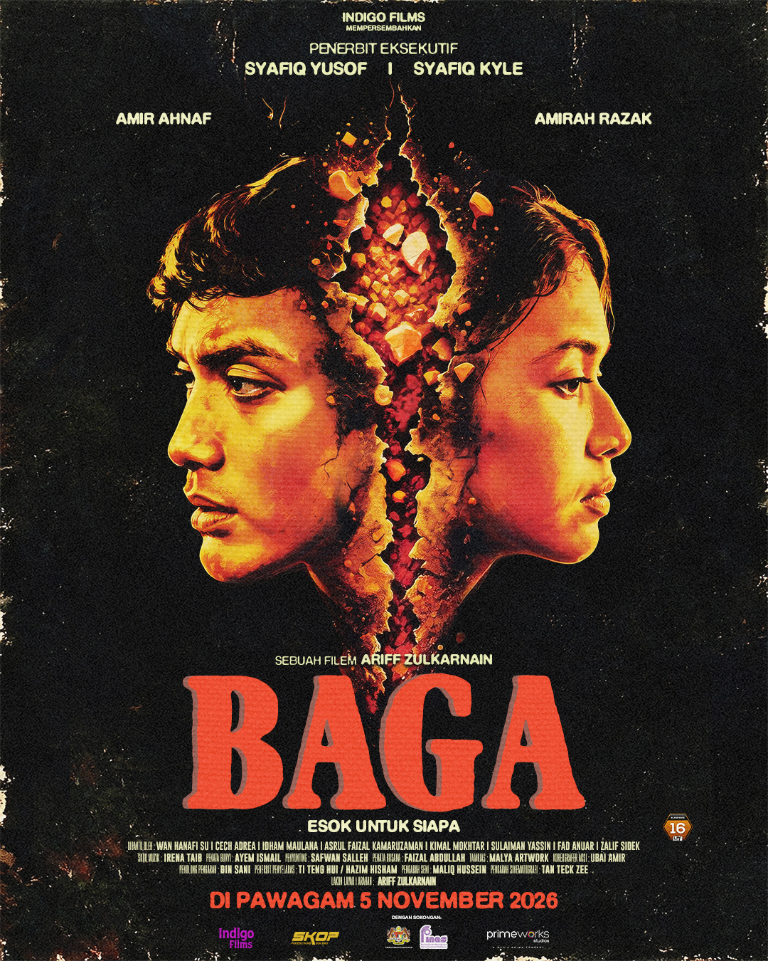 Poster rasmi filem BAGA Esok Untuk Siapa memaparkan profil wajah Amir Ahnaf dan Amirah Razak berlatar hitam merah