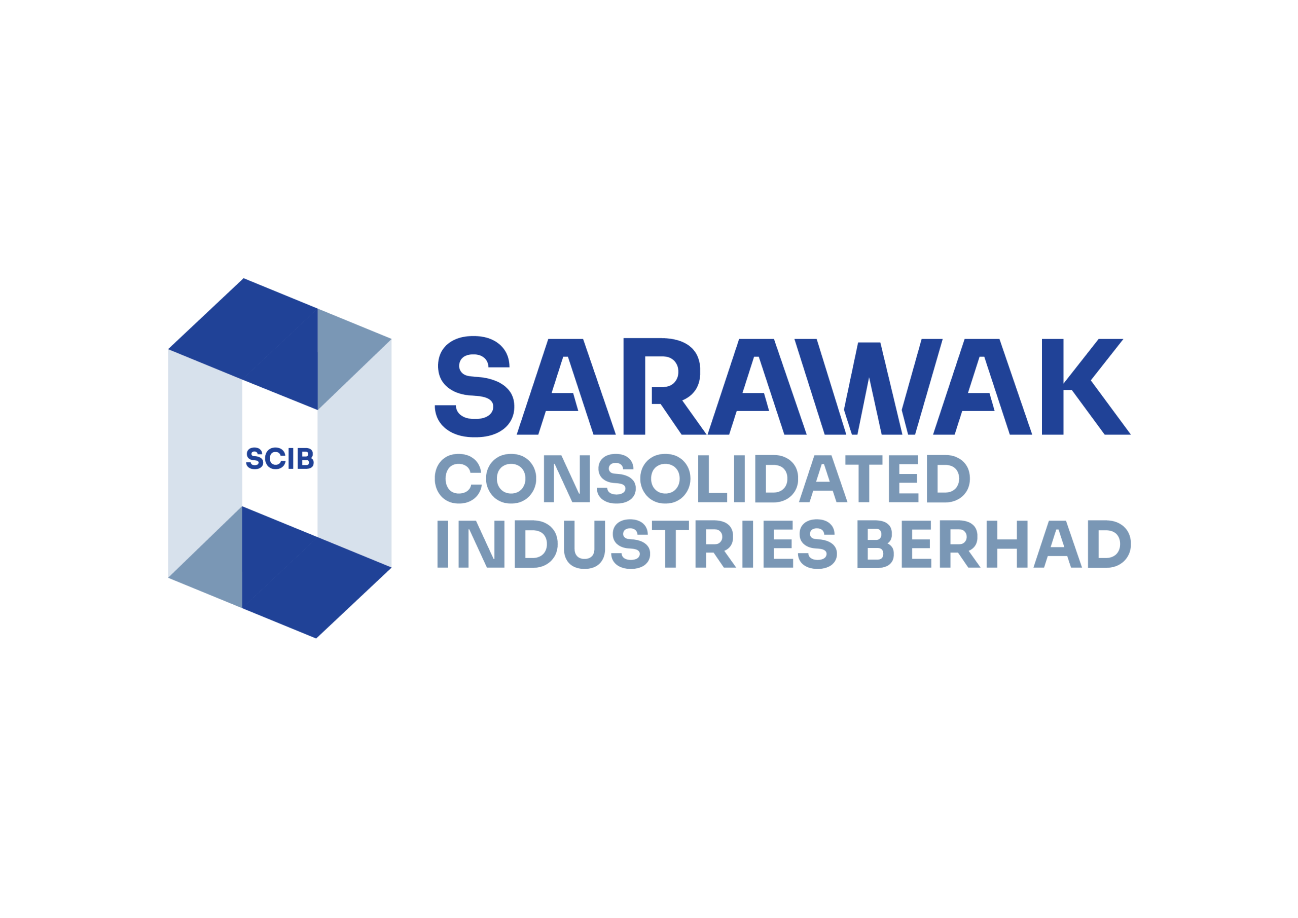 Logo rasmi syarikat Sarawak Consolidated Industries Berhad SCIB menampilkan rekaan blok geometri biru kelabu