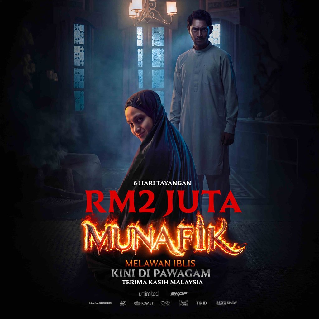 Poster rasmi kutipan 6 hari tayangan filem Munafik Melawan Iblis mencecah RM2 juta di pawagam.