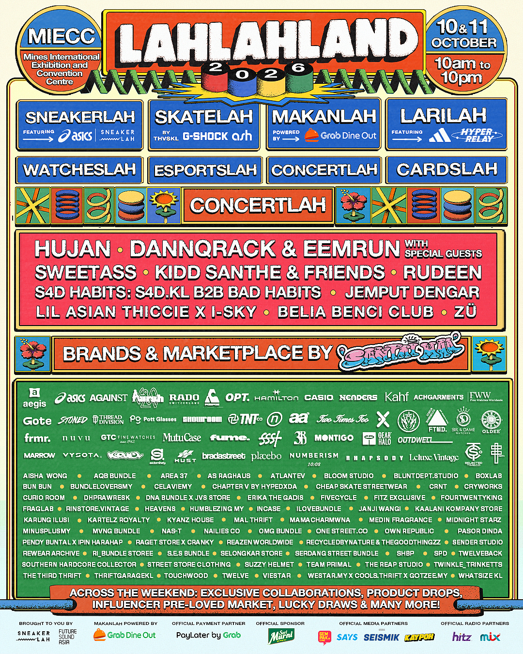 Poster rasmi Festival LahLahLand 2026 yang menyenaraikan segmen acara, jenama yang mengambil bahagian, dan barisan artis tempatan