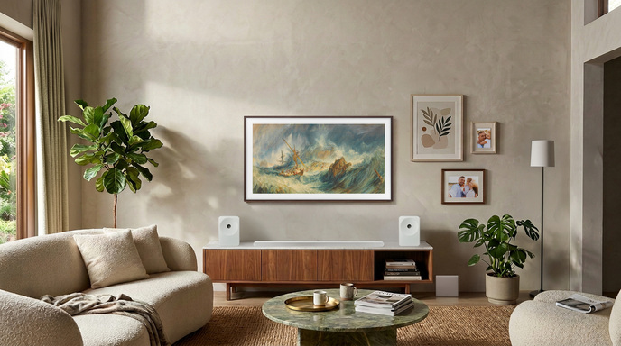 A Samsung The Frame TV displaying a classic seascape painting from the new Samsung Art Store British Museum collection in a living room