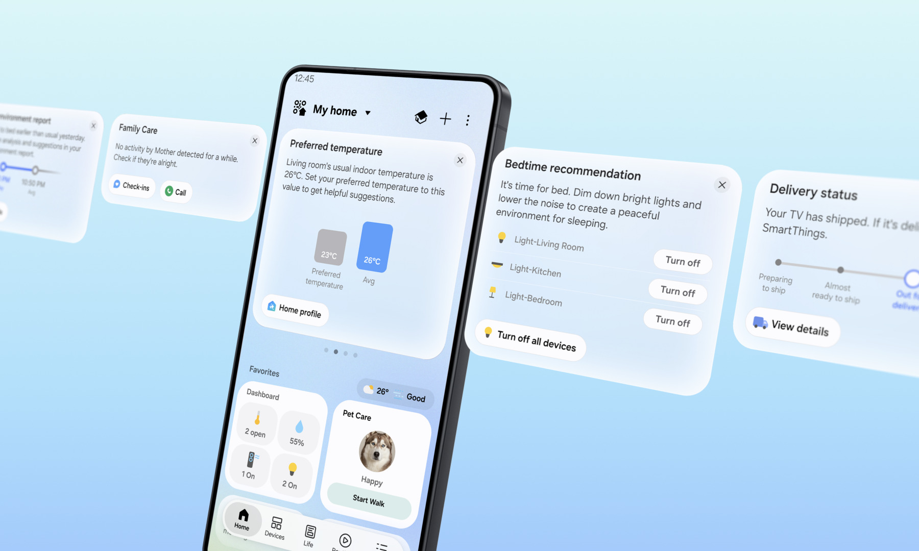 A smartphone interface demonstrating the new contextual service cards introduced in the latest Samsung SmartThings update