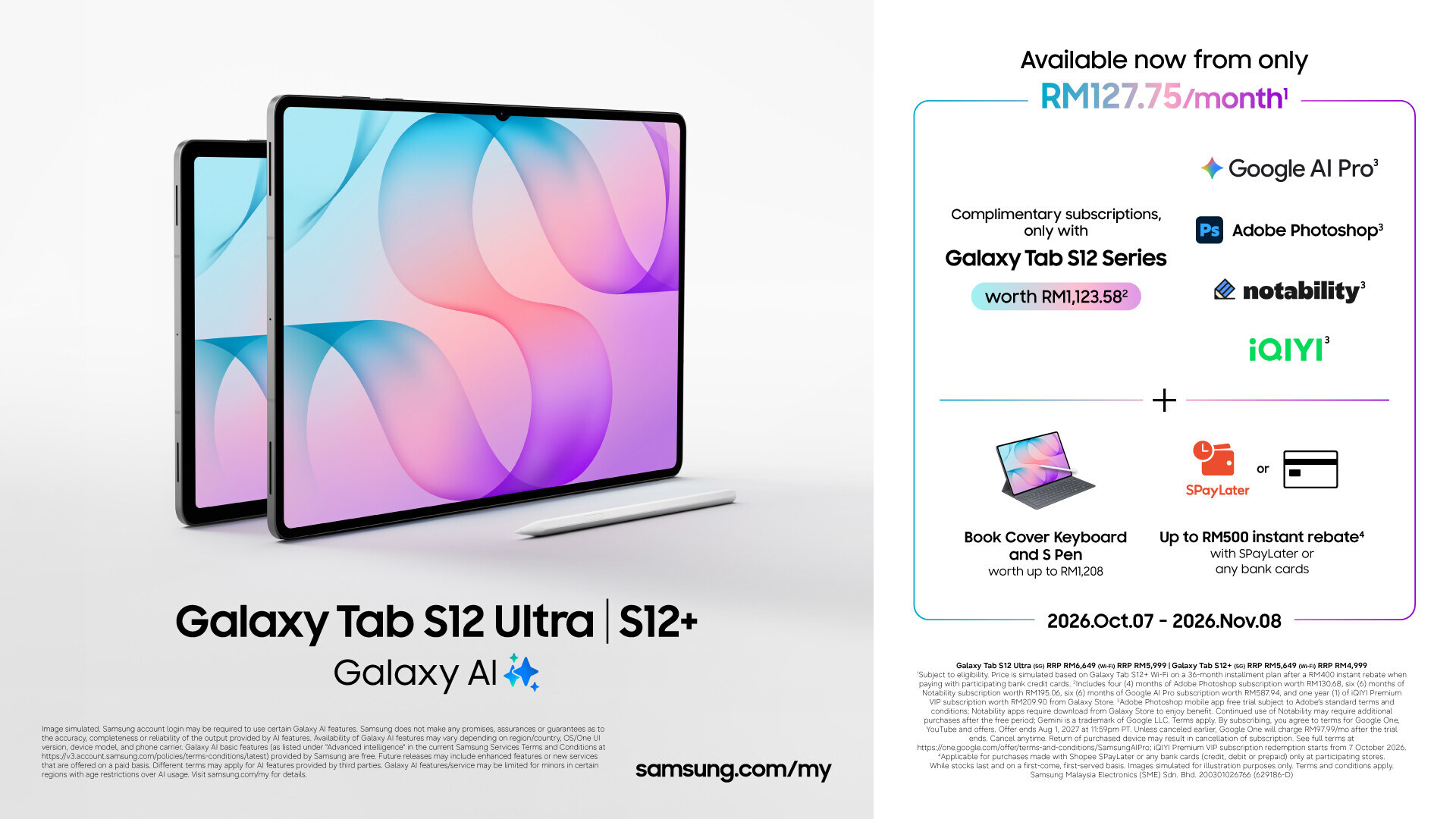 Samsung Galaxy Tab S12 Ultra and S12+ promotional banner highlighting built-in Galaxy AI and bundled student accessories