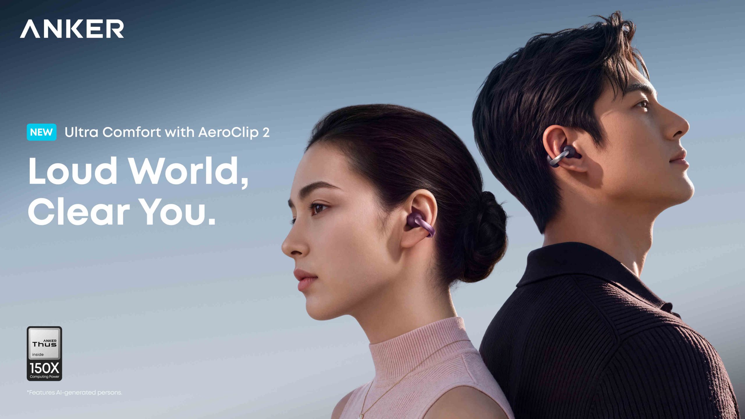 Promotional visual of the Anker soundcore AeroClip 2 open-ear earbuds worn by models showcasing its clip-on design