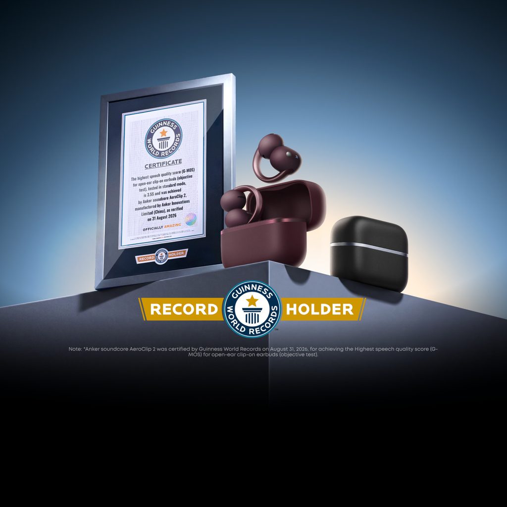 The Anker soundcore AeroClip 2 earbuds displayed next to its official Guinness World Records certificate for call clarity
