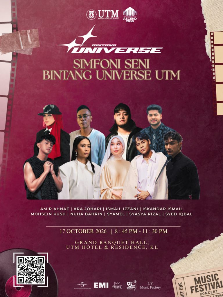 Poster rasmi Simfoni Seni Bintang Universe UTM memaparkan wajah 9 artis jemputan berserta tarikh 17 Oktober 2026