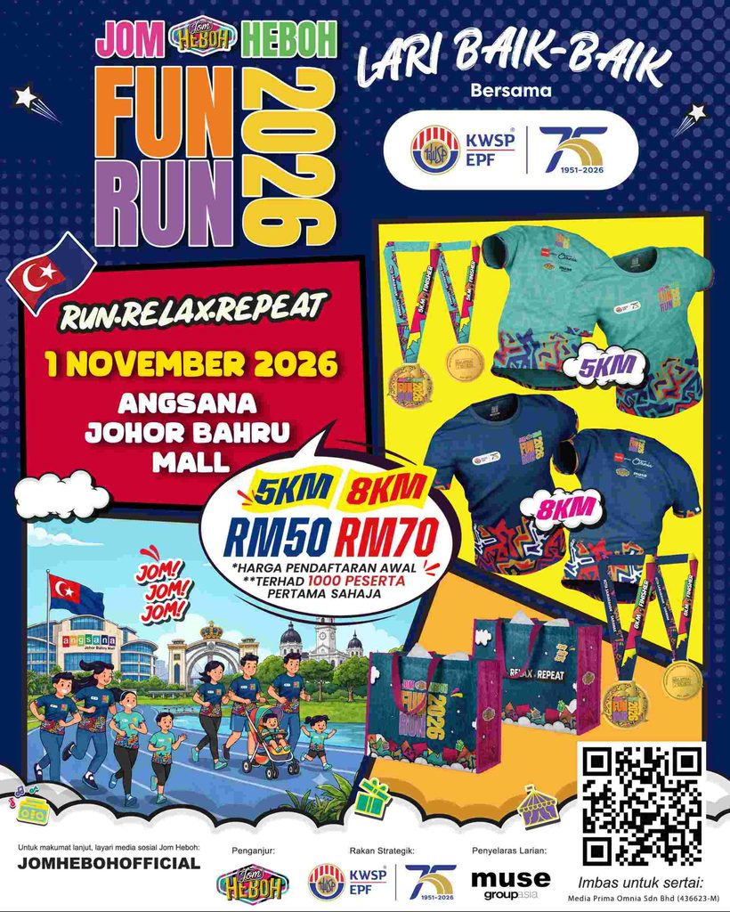 Poster pendaftaran Jom Heboh Fun Run 2026 kerjasama bersama KWSP menampilkan kategori larian 5KM dan 8KM di Karnival Jom Heboh Johor Bahru.