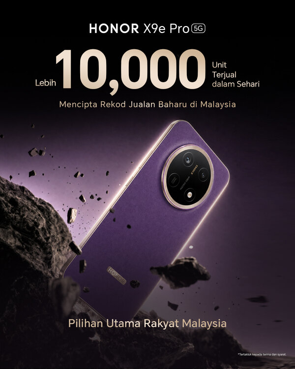 Promotional poster of purple HONOR X9e Pro highlighting over 10,000 units sold in one day across Malaysia